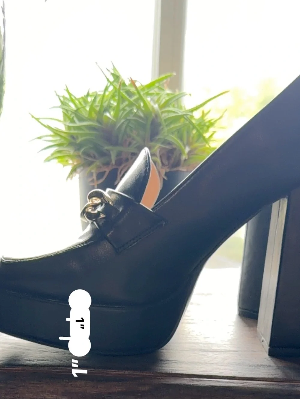 Black Platform Block Heel Loafers with Gold Chain Accent